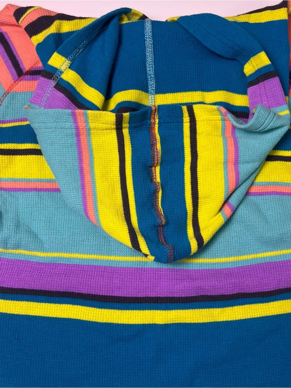 VTG Nike Y2K Neon Striped Waffle Knit Thermal Hoodie Pullover Girls L Women XS/S